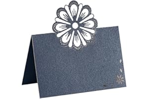 KOSTOO Table Card for Wedding Bride Shower Dinner, Reception, Banquet, Buffet Food, Seating Place Cards for Tables, Scored for Easy Folding, Hollow Flower Design, 50 Pack (Navy blue)
