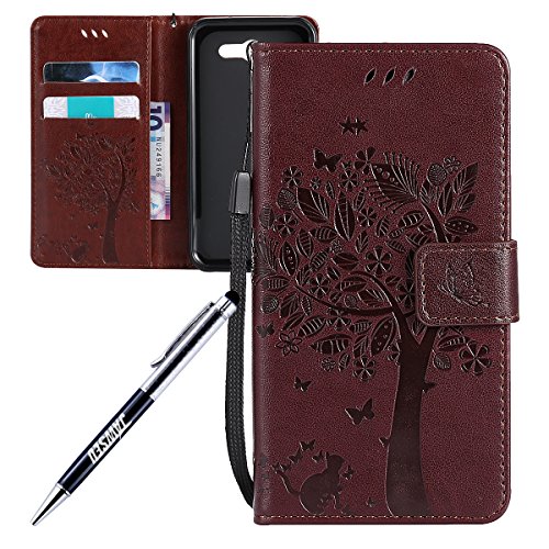 Galaxy J3 2017 Case, Galaxy J3 Prime 2017 Cover, JAWSEU 3D Embossing Tree and Cat Luxury Premium PU Leather Flip Cover for Samsung Galaxy J3(2017) Protective Skin with Silicone Case Credit ID Card Slots Magnetic Closure Stand Protector Wallet Pouch for Samsung Galaxy J3 2017 / J3 Prime / J3 Emerge - Tree & Cat, Brown