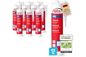 12x Alfa Silikon Steingrau Bausilikon zum Kleben und Abdichten Fugendichtstoff UV- und witterungsbeständiger Qualitäts-Dichtstoff