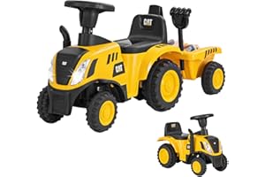 Maxmass Ride on Tractor and Trailer, Kids Sliding Toy Car with Detachable Trailer, LED Lights, Horn, Rake & Shovel, Foot to Floor Toddler Ride on Car for 12-36 Months Old (Yellow, 91 x 28 x 45cm)