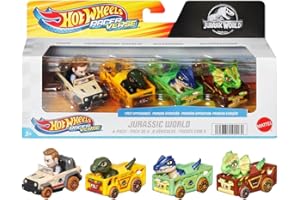 Hot Wheels Racerverse Pack 4 coches de juguete Jurassic World con personaje, incluye Owen y dinosaurios de juguete Charlie, dilofosaurio y alosaurio, +3 años (HKD32)