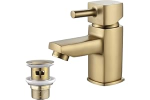 NewEast Basin Tap Square with Waste, Small Single Lever Bathroom Sink Mixer Taps, One Hole Brass Cloakroom Tap Brushed Gold