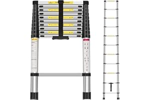 Panana Telescopic Ladder, 3.2m/ 10.5ft Stainless Steel Extension Ladder, Collapsible Portable Loft Ladder with Non-Slip Feet, Adjustable Height Step Ladder for Home Outdoor Use