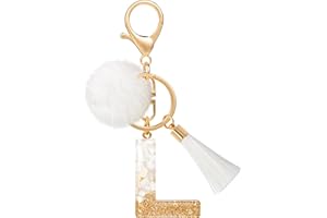 MWOOT Porte Clé L Lettre Peluche Tassel, Résine Initial Or Blanc Keychain Personnalisé, Pendentif Porte Clef Lettre Décoratif, Porte Clef Kawaii Voiture Charm, Idee Cadeau D'Anniversaire pour Femme(L)