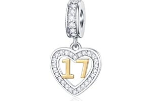 GLOWDAS 10 to 25 28 30 33 35 40 45 50 55 60 65 70 75 80 Birthday Charms, fit European Anniversary Bracelet/Necklace, Golden Number 925 Sterling Silver Heart Pendant with CZ, for Women/Men