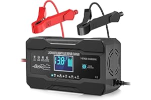 CREBEAU 10A Car Battery Charger, 12V/24V Automatic Smart Charger Monitor Battery with LCD Screen Temperature Compensation and 6 Charging Mode for Car Truck Motorcycle Marine Lead Acid Batteries