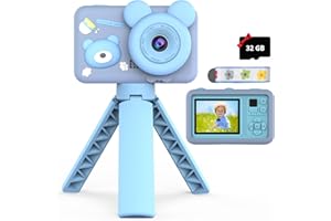 OMWay Kinderkamera, Weihnachten Geburtstag Geschenk für 3 4 5 Jahre Jungen, 1080P HD Selfie Digitalkamera Kinder mit Stativ & 32GB SD-Karte, Kinder Kamera Jungen, Fotoapparat Spielzeug für 3-10