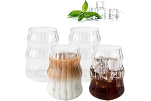 Kleemeiero 4PCS Tasses à Expresso Verres à Thé Ondulés Verres à Café Verre à Cocktail Tasse en Verre à Rayures Verticales Tasse à Dessert Verrerie Vintage 530ML pour Latte, Thé, Glace, Lait, Bière