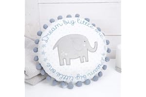 WIDDOP AND CO "Dream Big Little One" Elephant Round Cushion with pom pom Baby Boy Blue