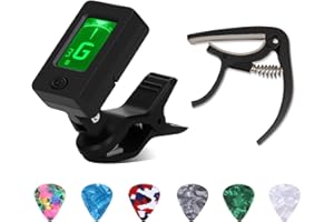 Lotnery Guitar Tuner and Guitar Capo Set with 6 Celluloid Picks (0.46mm) - Clip-On Digital Tuner, Quick-Change Capo for Acoustic & Electric Guitar, Bass, Ukulele