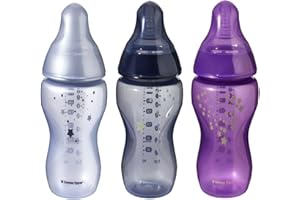Tommee Tippee Closer to Nature Baby Bottles, Slow Flow Breast-Like Teat with Anti-Colic Valve, 260ml, Pack of 3, Midnight Skies