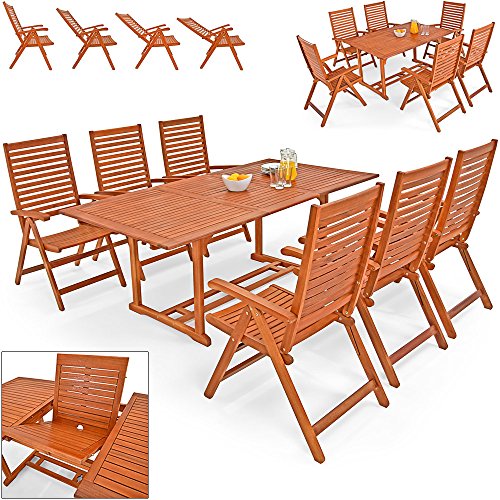 Deuba Sitzgruppe Unikko aus Eukalyptusholz mit 6 verstellbaren Stühlen und ausklappbarem Tisch aus Eukalyptus Gartengarnitur Sitzgarnitur