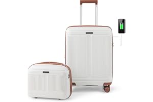 COSTWAY 2-Piece Cabin Luggage Set, Lightweight 20 Inch Carry-on Suitcase with 14” Cosmetic Case, TSA Lock, USB Port & Spinner Wheels, Airline Approved Expandable Trolley Luggage Travel Case (White)