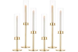 Sziqiqi Świecznik, złoty, metalowy, na stół weselny, elementy środkowe – 48 cm wysokości, zestaw 6 świeczników, świeczniki ze szkłem, do jadalni, kawy, dekoracja stołu