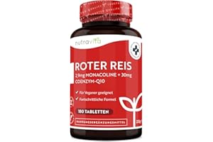 ‎NUTRAVITA Fermentierter Roter Reis 617mg - 180 Vegane Tabletten - Cholesterin Senken - Hochdosiert mit 2,9 mg Monacolin K und 30 mg CoQ10 pro Tablette - Laborgeprüft - Roter Reis Kapseln Alternative - Nutravita