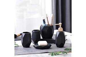 JINYISI Set di accessori per il bagno, set di accessori da bagno in ceramica, set di 5 pezzi, portaspazzolino, accessori da bagno (nero/bianco)
