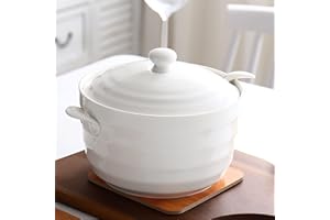 Fikujap Terrine de soupe avec couvercle, céramique blanche en terrine/argile pot/harnais de cuisson en céramique avec chaleur de couvercle - résistant, 1400 ml