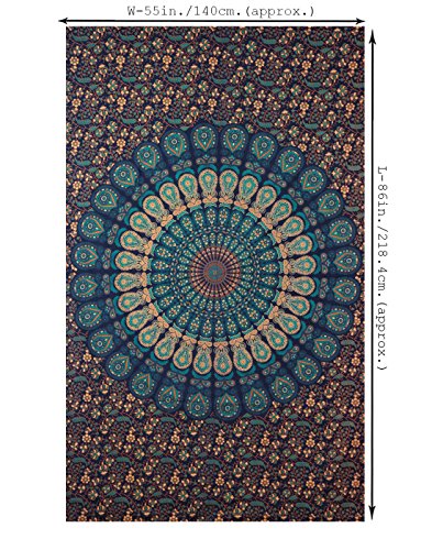 Deko Wandteppich Pfau Indien Baumwolle Mandala Tapestry Türkis Grün Wandbehang Tapisserie Gedruckt Blumen Von Rajrang - 3