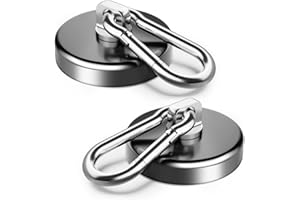 FINDMAG 2 Pack Super Strong Magnetic Hooks, 63.5 KG(140 LBS) Pull Neodymium Magnets with Swivel Carabiner Snap Hooks, Strong Magnets with Hook for Hanging Camping - 42mm Diameter
