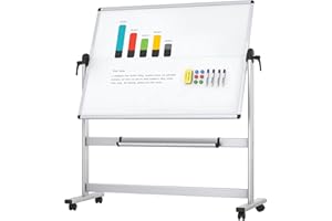 VIZ-PRO Pizarra blanca móvil magnética de doble cara 120x90 cm, con ruedas y marco de aluminio, para oficina y aula
