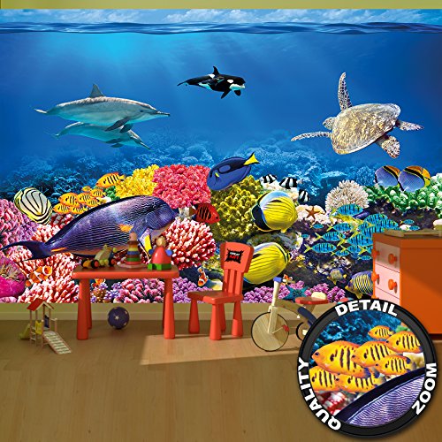 Fototapete Aquarium Wandbild Dekoration farbenfrohe Unterwasserwelt Meeresbewohner Ozean Fische Delphin Korallen-Riff Clownfisch | Foto-Tapete Wandtapete Fotoposter Wanddeko by GREAT ART (336 x 238cm)