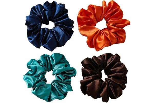 Grand chouchou en satin de soie XL pour cheveux longs et épais Lot de 4 (Vert, Bleu, Orange, Marron)