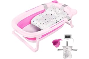 Sinbide Große faltbare Babywanne mit Stütze, 69.5x48x22 cm, Baby Badewanne, Neugeborene Baby-Plastikbadewanne, Temperatursensor Badewanne für das Baden von Kleinkindern (rosa)