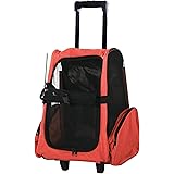 PawHut Trasportino Zaino 2 in 1 per Cani e Gatti con Tasche Laterali, Maniglia Telescopica e Ruote, 42x25x55cm, Rosso