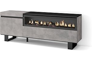 Skraut Home | Mueble TV | Televisión | Muebles de salón, almacenaje | 150x57x35cm | para TV hasta 65" | Chimenea eléctrica | Diseño Industrial | Estilo Moderno | Cemento