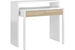 Habitdesign Mesa Escritorio Extensible, Mesa Estudio, Consola, Color Blanco Artik y Roble Canadian, Medidas: 98,5 cm (Largo) x 36-70 cm (Fondo) x 87,5 cm (Alto)