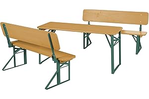 roba Outdoor Party-Garnitur für Kinder - Kindersitzgruppe mit Lehne aus FSC zertifiziertem Holz - 2 Bänke + 1 Tisch - Klappbare Sitzmöbel ab 24 Monaten - Natur/Grün