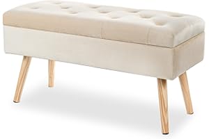Hawthyhome Panca imbottita con vano portaoggetti, panca imbottita con contenitore in velluto, poggiapiedi con gambe in legno per corridoio, soggiorno, camera da letto, 80 × 35 × 43 cm, crema