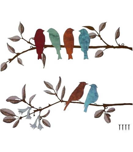 ESTART Metalen vogels muurkunst, metalen levendige vogels op tak silhouet wanddecoratie gouden bladeren met vogel buiten opknoping muursculptuur voor thuis woonkamer slaapkamer balkon tuin (wit, klein