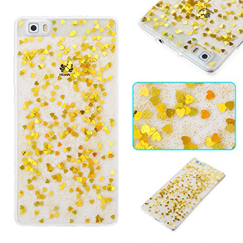 Huawei P8 Lite Case, Huawei P8 Lite Silicone TPU Cover,Cozy Hut Crystal Clear Soft Gel TPU Case with Bling Glitter Love heart type Design Pattern Ultra Slim Thin Transparent Silicone Flexible TPU Scratch-Resistant Soft Rubber TPU Bumper Case Cover for Huawei P8 Lite - Golden love