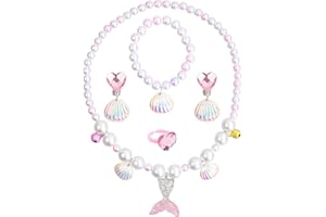 Xzeemo 5 Pcs Mermaid Jewelry Set for Little Girls, Princess Mermaid Stretchy Necklace Bracelet Earrings Ring, Kids Pretend and Dress Up Jewelry for Toddlers Aged 2 3 4 5 Gift