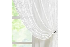Abstractex White Lace Net Sheer Curtains 54 Inches Long Floral Leaf Knitted Vintage Light Filtering Embroidery Elegant Window Treatment for Girls Bedroom Living Room, Rod Pocket 58" W