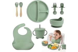 SUBTACK Baby Weaning Set - 8pcs Silicone Feeding Kit for Toddlers - Includes Adjustable Bib, Suction Bowl, Baby Cup, Spoons, Fork - Easy Clean, Microwave Safe