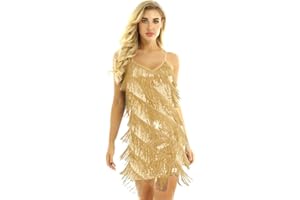 YOOJIA Damen Abendkleider mit Pailletten Fransen Tanzkleid Latein Kleid Rumba Cha Cha Tango Samba Quaste Glitzer Kleid Cocktail Partykleider