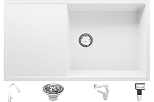 Lavabo Cuisine en Granit Blanc, 90 x 50 cm, Evier 1 bac XL + Robinet + Kit de Vidage, Évier à Encastrer de Primagran
