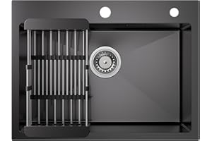 CECIPA Fregadero de Cocina Con Escurridor y Sifón - Bajo Encimera 60x45 cm, Negro Antracita, Cuadrado, Acero Inoxidable, 2 Orificios, Para Camper