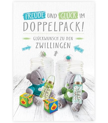 Glückwunschkarte Zur Geburt Von Zwillingsmädchen – Süßes Design Mit Storch, Inkl. Umschlag, DIN A6
