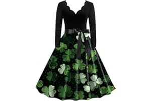 POIUIYQA Robe de la Saint Patrick pour Femme Robe Vintage Grande Taille pour la Saint-Patrick pour Les Festivals Style Col V Imprimé Trèfle à Quatre Feuilles Rockabilly