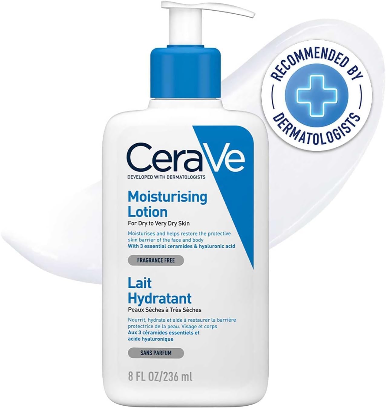 CeraVe - Lait Hydratant - Nourrit, Hydrate et Aide à Restaurer la Barrière Cutanée - Visage & Corps - Acide Hyaluronique + 3 Céramides Essentiels - Sans Parfum - Peau Sèche à Très Sèche - 236 ml