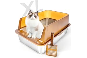 Bartuke Kuweta dla kota ze stali nierdzewnej, duża kuweta dla kota XL, wysoka kuweta dla kota z łopatką do zbierania żwirku, zdejmowana krawędź zapobiegająca rozlewaniu, łatwa do czyszczenia (brązowa)