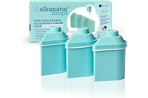 Pack 3 Filtros de Agua Alkanatur Drops Ecológicos de Baja Emisión - Depura Hidrogena Ioniza - Elimina Cloro Metales Pesados Añade Magnesio pH 9 - Cartuchos Libres de Tóxicos - ALKANATUR