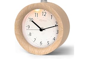 aboveClock Reloj Despertador Analógico con Función Snooze, Reloj Despertador Silencioso sin Tictac, Despertador Madera a Pilas con Luz - Color Marrón Claro