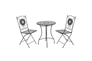 CHARLES BENTLEY Garden Black Mosaic 3 Piece Dining Set, With Folding Chairs, Outdoor, Patio, Conservatory, Foldable Chairs, Antirust Finish, Interwoven Seat, 2 Person, Round Table, Robust (65x65x72cm)