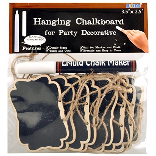 UCEC Mini Tableaux Noirs en Bois Inscriptible Effaçable avec un Crayon Feutre, Double Faces Noirs pour Écrire avec Chaîne de Suspension, Ensemble de Marqueurs et Craies, Écrire Message pour Fêtes Mariage, Restaurant, Café et Bar, Lot de 12