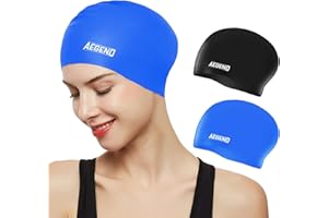 Aegend 2 Pack Swim Caps for Long Hair (2 Pack), Durable Silicone Swimming Caps with Spacious Space for Women Men Adults, Easy to Put On and Off, Black Blue