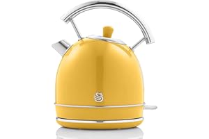 Swan Retro Bouilloire Électrique 1,8 Litre, Design Vintage, Arrêt Automatique Contrôleur Strix, Sans fil, Acier Inoxydable, sans BPA, 3000W, Jaune